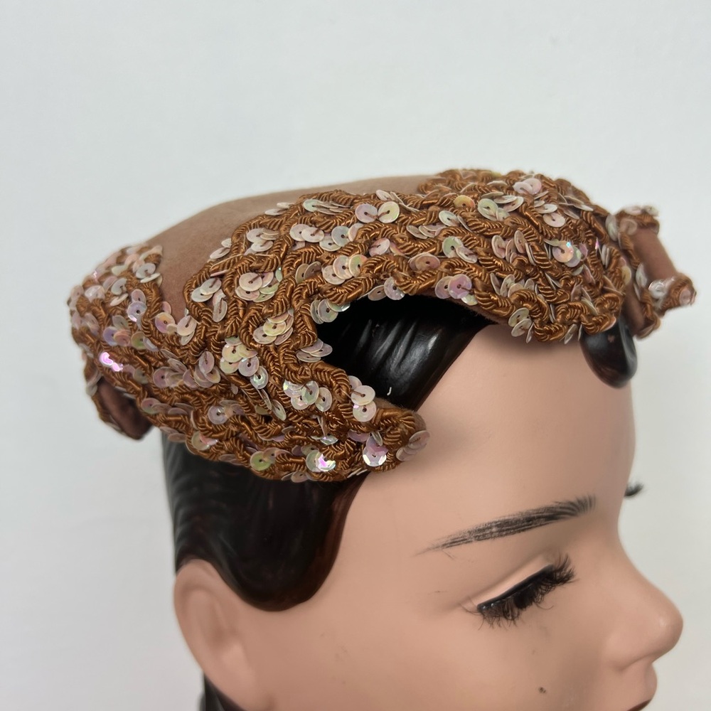 1950’s 50s Vintage Elegant Brown Wool Felt Sequin Sequined Soutache Women's Hat - Picture 11 of 16